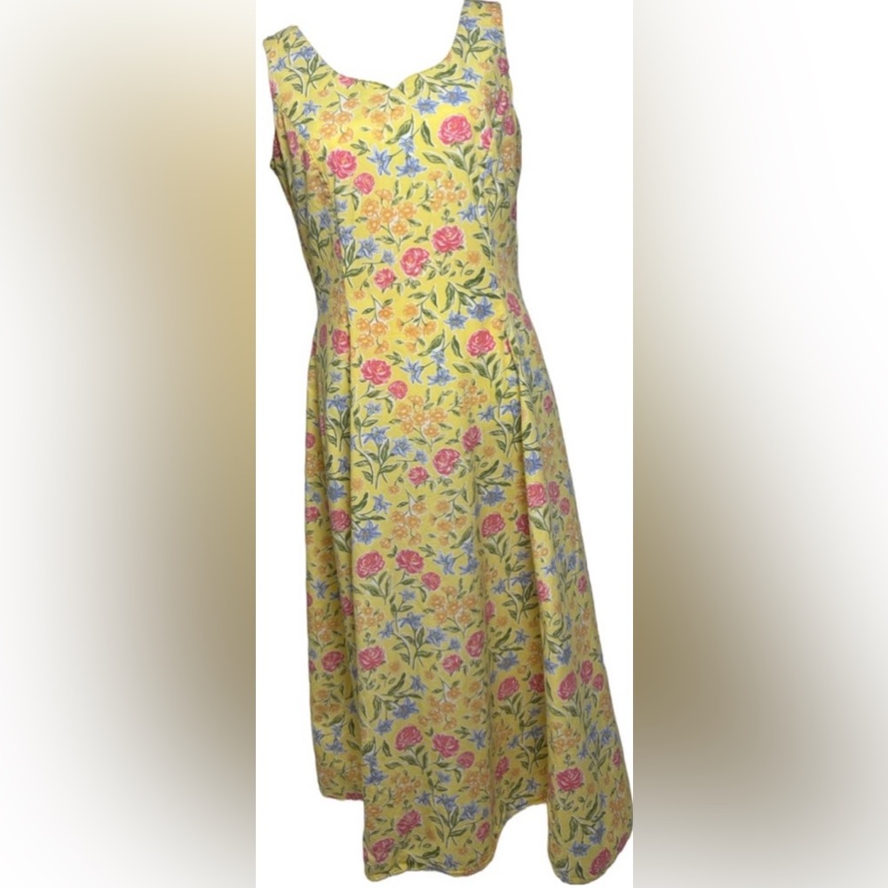 Vintage Herman Geist Size 6 Yellow Floral Print Sleeveless Cotton Dress